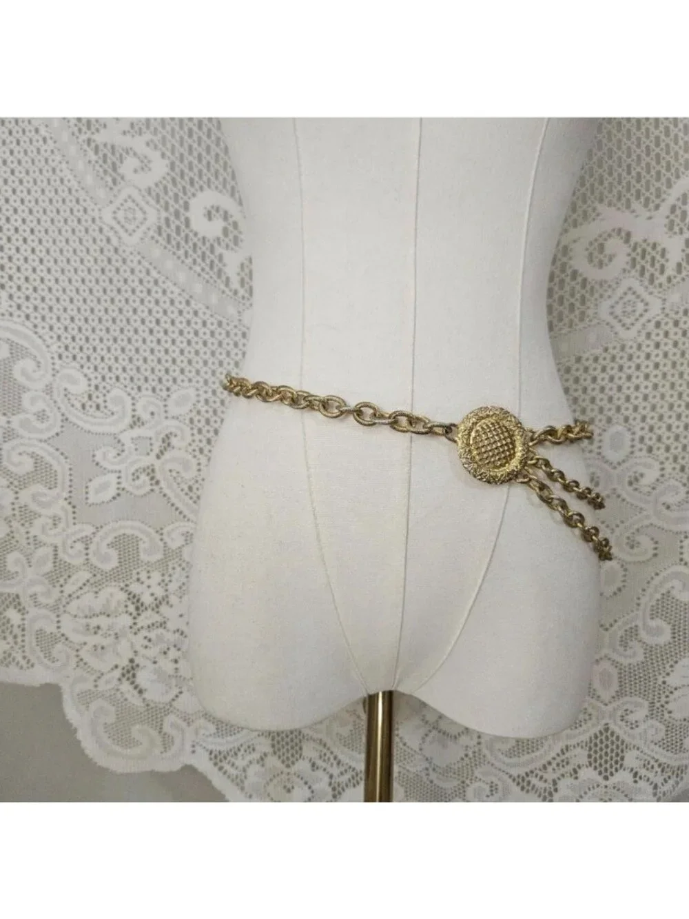 Vintage Gold Tone Chain Belt Ornate Medallion Draped Multi Strand Adjustable